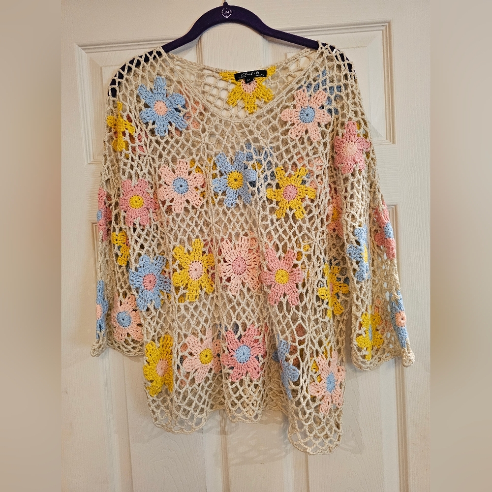 CHARLIE B Floral Crochet Mesh Blouse - Cream, Pink, Blue, Yellow